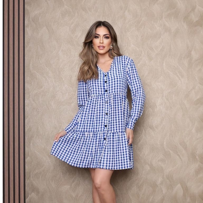 Vestido Curto xadrez Manga Longa Soltinho/COD:V65