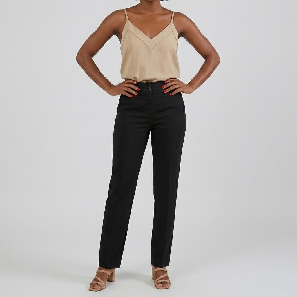 Calça Feminina Preta Alfaiataria Social Reta Elegante Versátil Cintura Alta