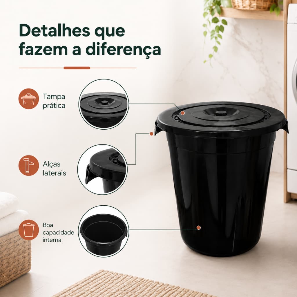 Cesto De Roupas Organizador Lixeira 53L Com Tampa Preto Lazer Lavanderia Casa Fabrica Multiuso