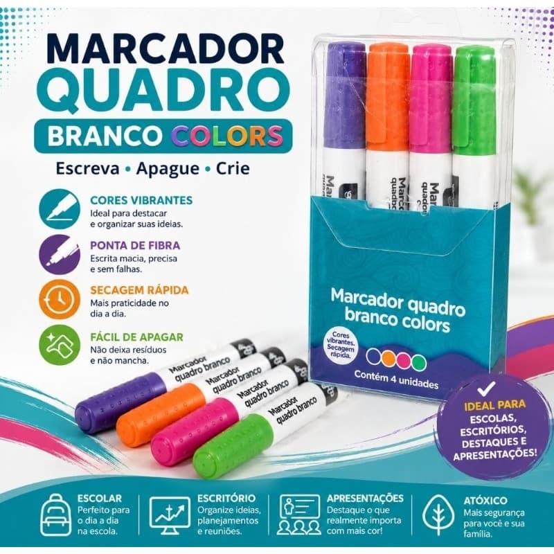 Kit 4 Marcadores para Quadro Branco Coloridos Onda Pro Caneta Pincel Atômico Apagável Secagem Rápida