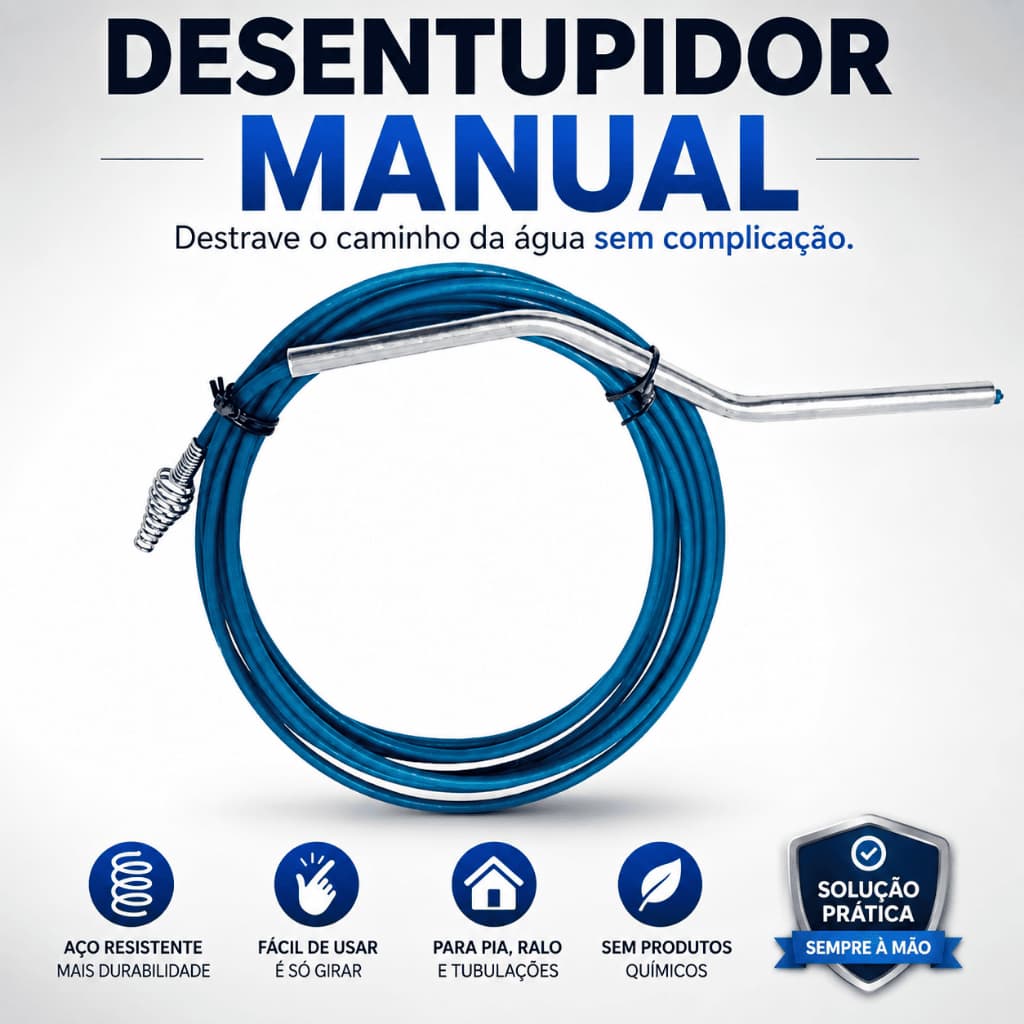 Desentupidor Manual 05 metros com Manivela Cabo de Aço Flexível para Tubo Vaso Bacia Cano Pia Tanque e Ralo