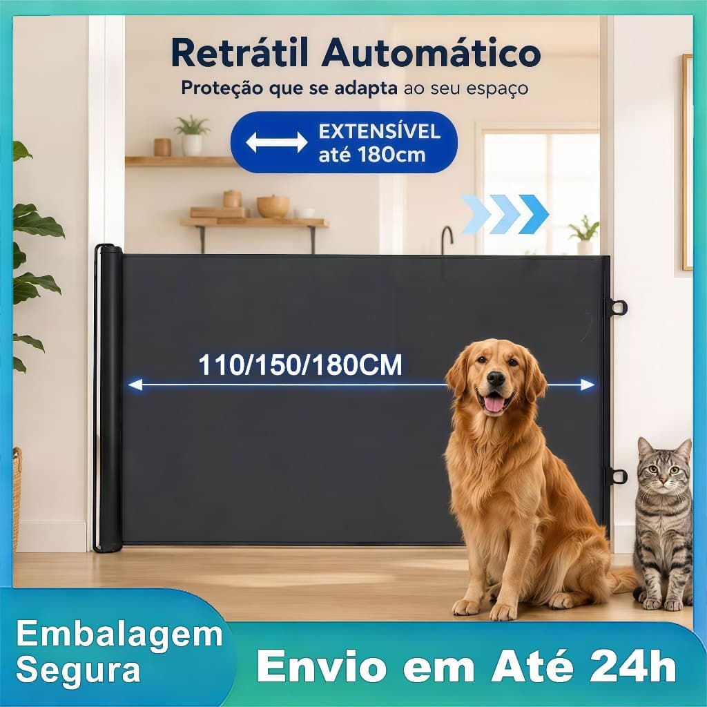 Portão Retrátil para Pets Tela de Proteção para Cães e Gatos Sem Furos 110/150/180x78cm
