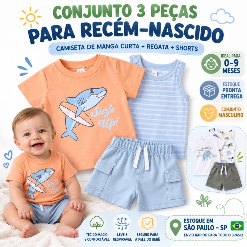 Conjunto Bebê Menino 3 Peças Camiseta Tubarão Regata Listrada Shorts Roupa Infantil 0 a 9 Meses