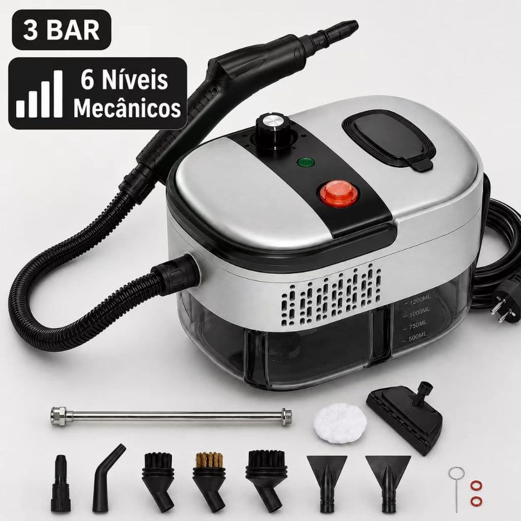 Limpador a Vapor Portátil 2500W 3 Bar 1200ml com 6 Níveis Mecânicos e Kit 12 Peças