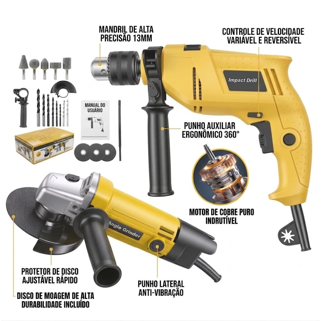 Kit de Ferramentas para Casa e Oficina Furadeira e Esmerilhadeira com Caixa Organizadora 110V/220V