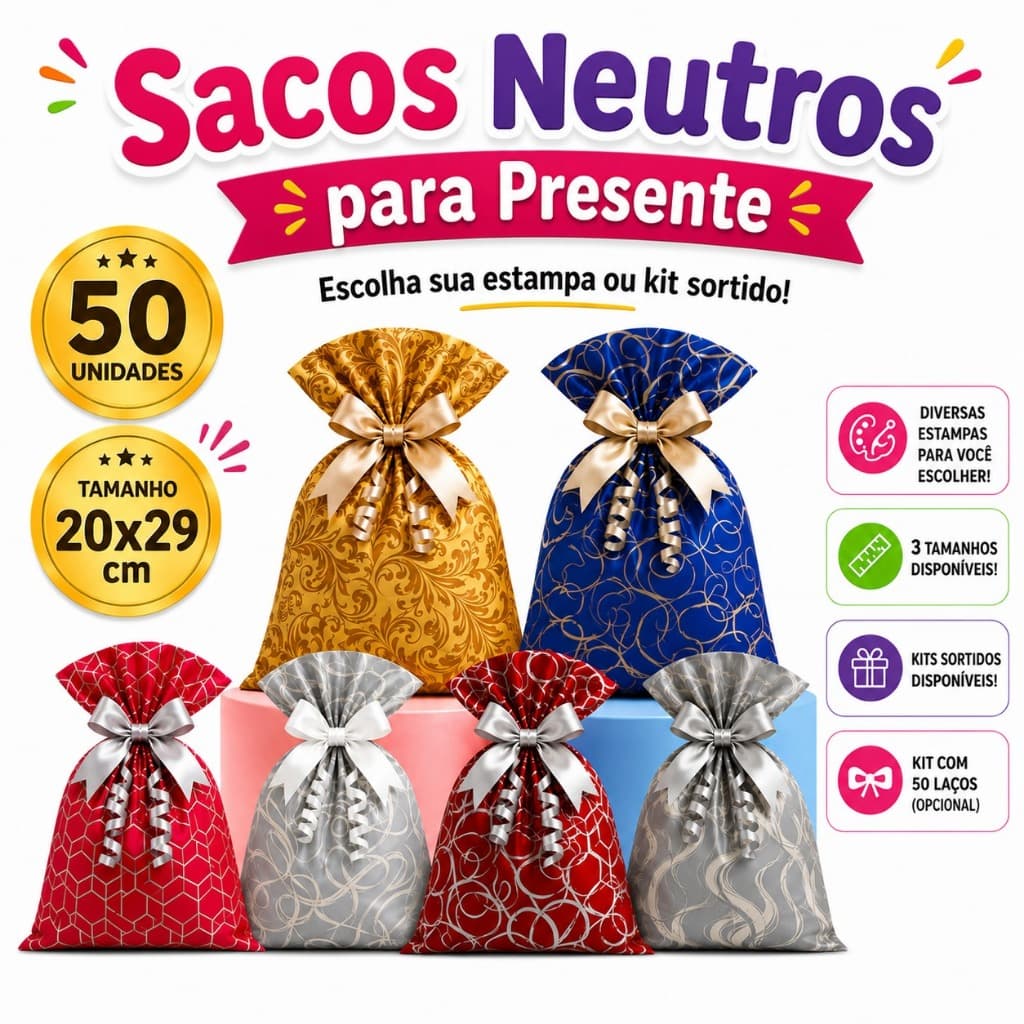 Sacos para Presente Metalizados Neutros 50 Unidades Embalagem para Presente Estampada 20x29cm Aniversário Festa