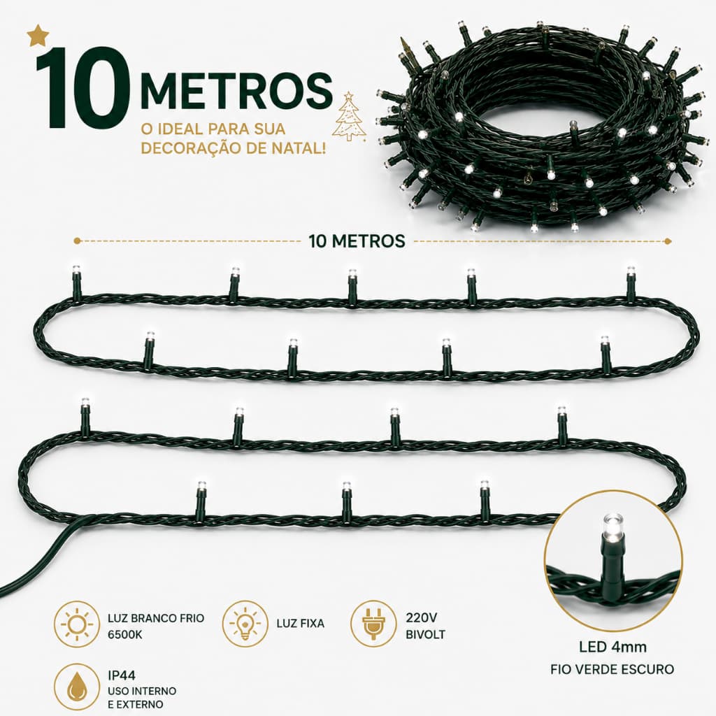 Pisca Pisca Natal 10m 100 LEDs Branco Frio 6500K Luz Fixa Decoração Natalina