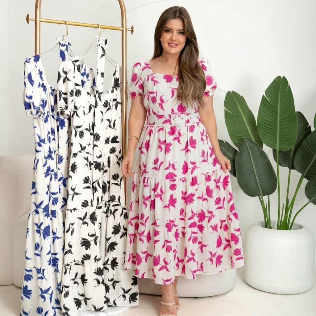 Vestido Midi Soltinho Com Cinto Floral Elegante Moda Feminina