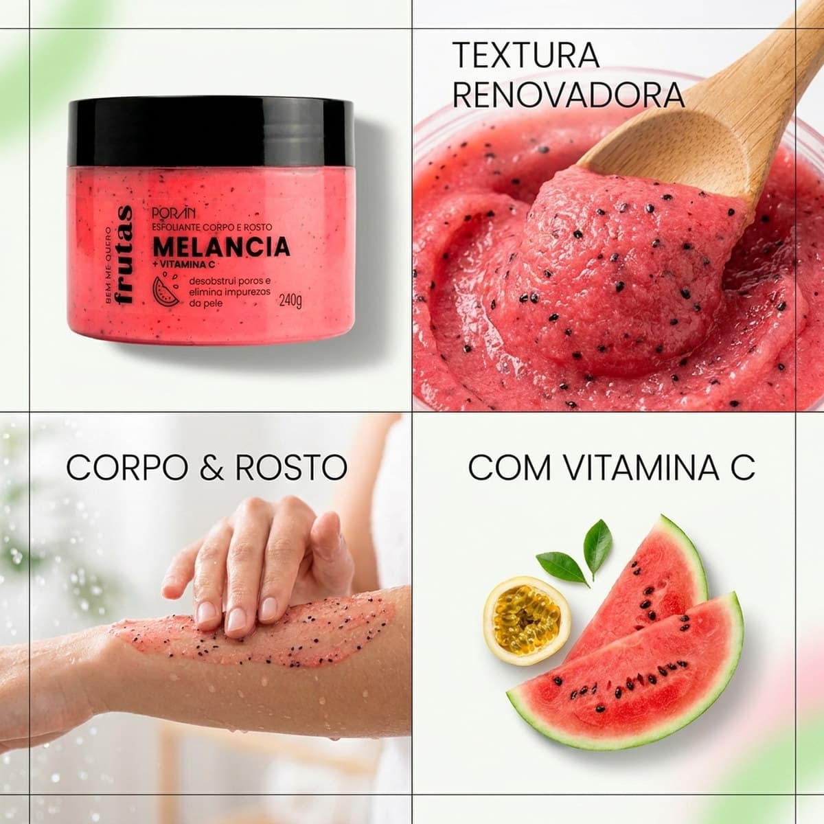 Esfoliante Melancia Corpo e Rosto Poran 240G Cuidado Diário para a Pele