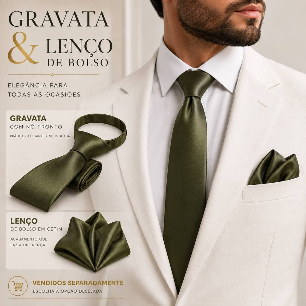 Gravata Tradicional Slim Adulto Social Nó Pronto e/ou Lenço de Bolso 25cm Varias Cores |Casamento, Congresso, Padrinhos