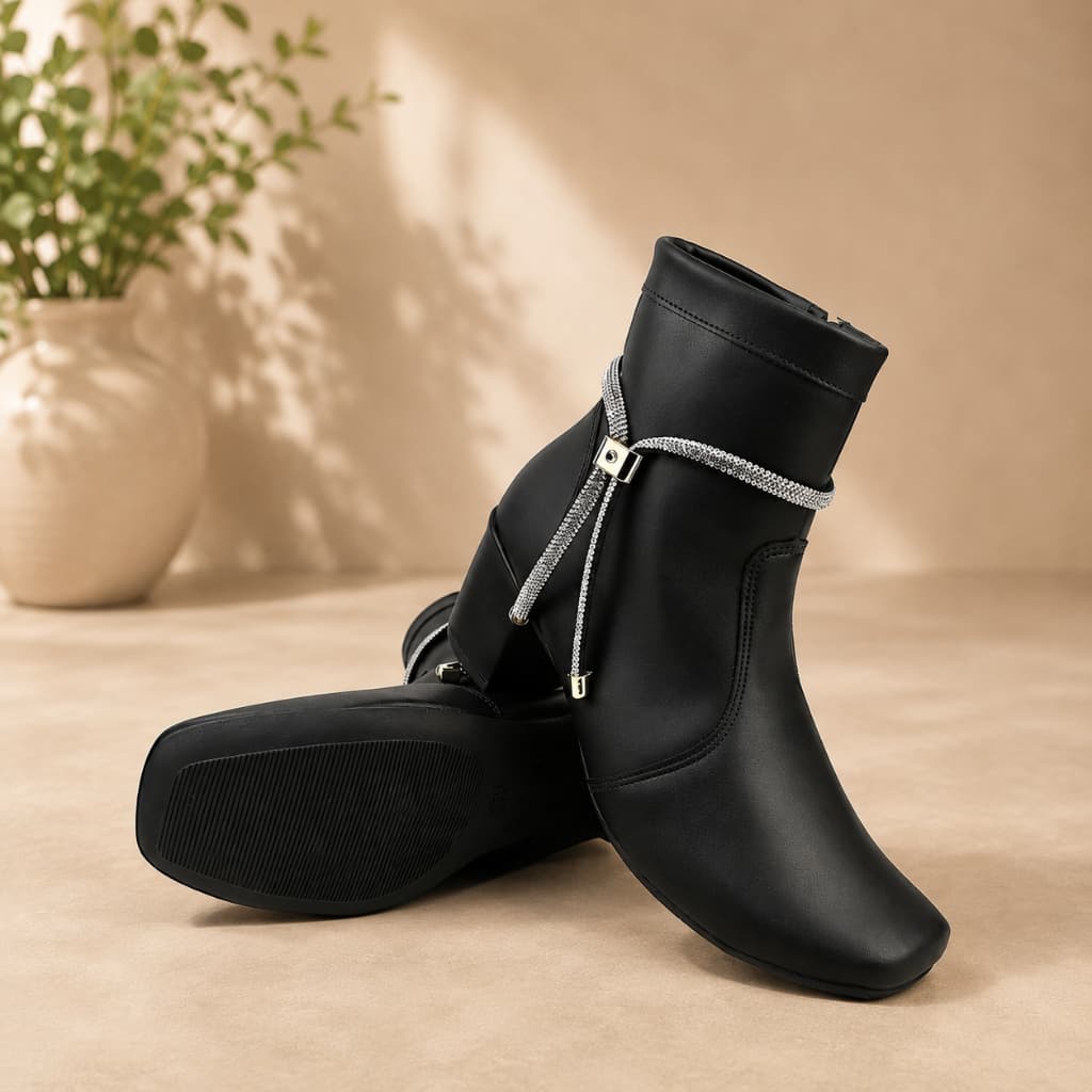 Bota feminina elegante com brilho tira em nó brilho casual salto bloco médio zíper Cores