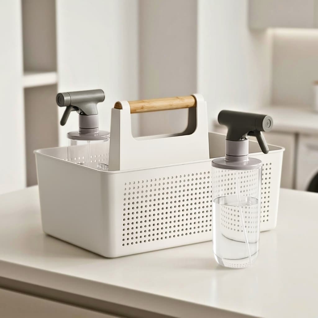 Kit Lavanderia  Cesto Organizador Multiuso Flow 8L e 2 Borrifadores Soft 500ml Alça Bambu
