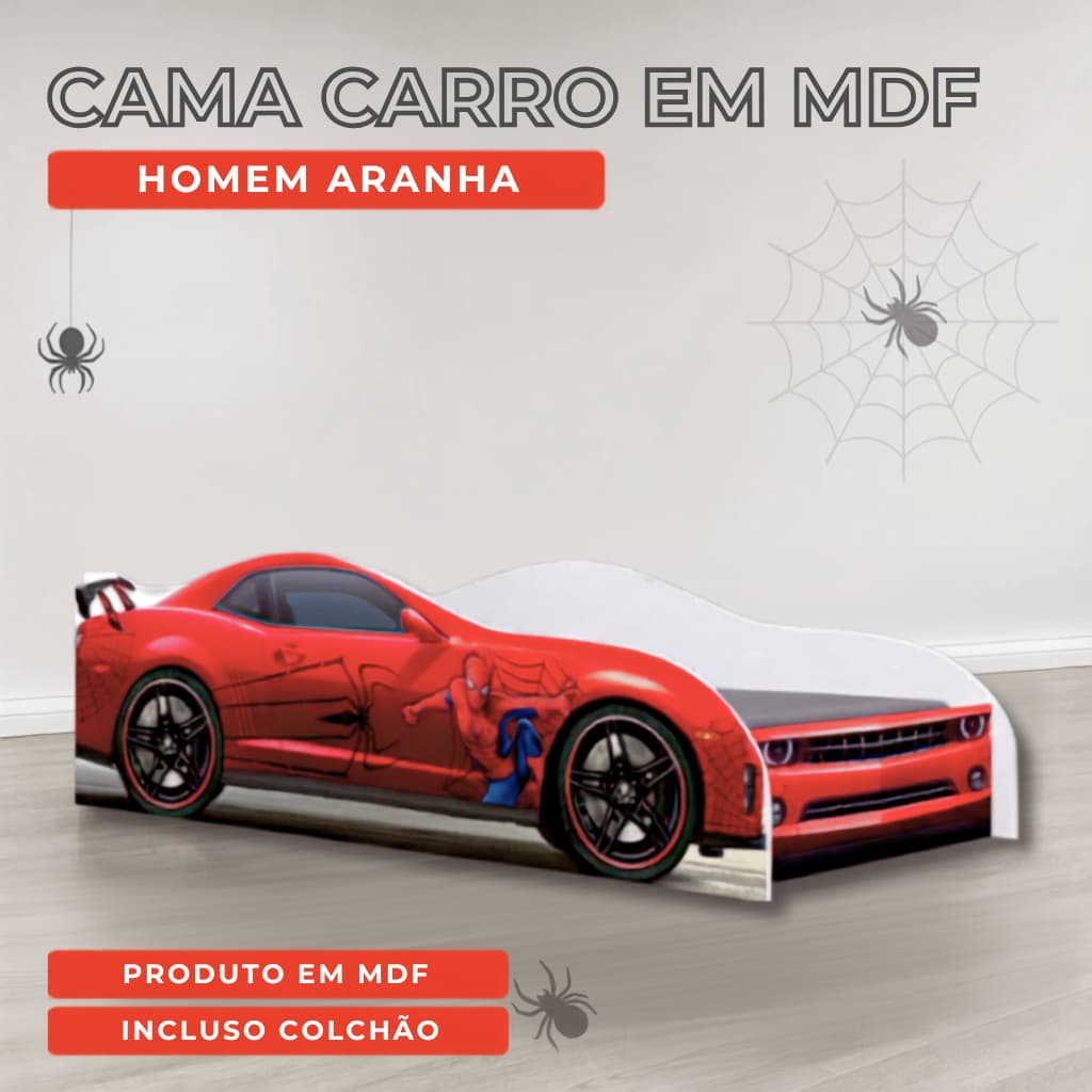 Cama Carro Infantil em MDF Homem-Aranha com Colchão Antiácaro e Grade Lateral