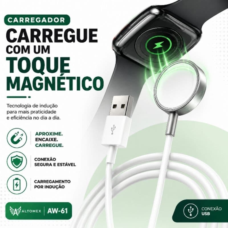 Carregador Smartwatch por Indução Magnética USB Sem Fio Altomex AW-61 Branco