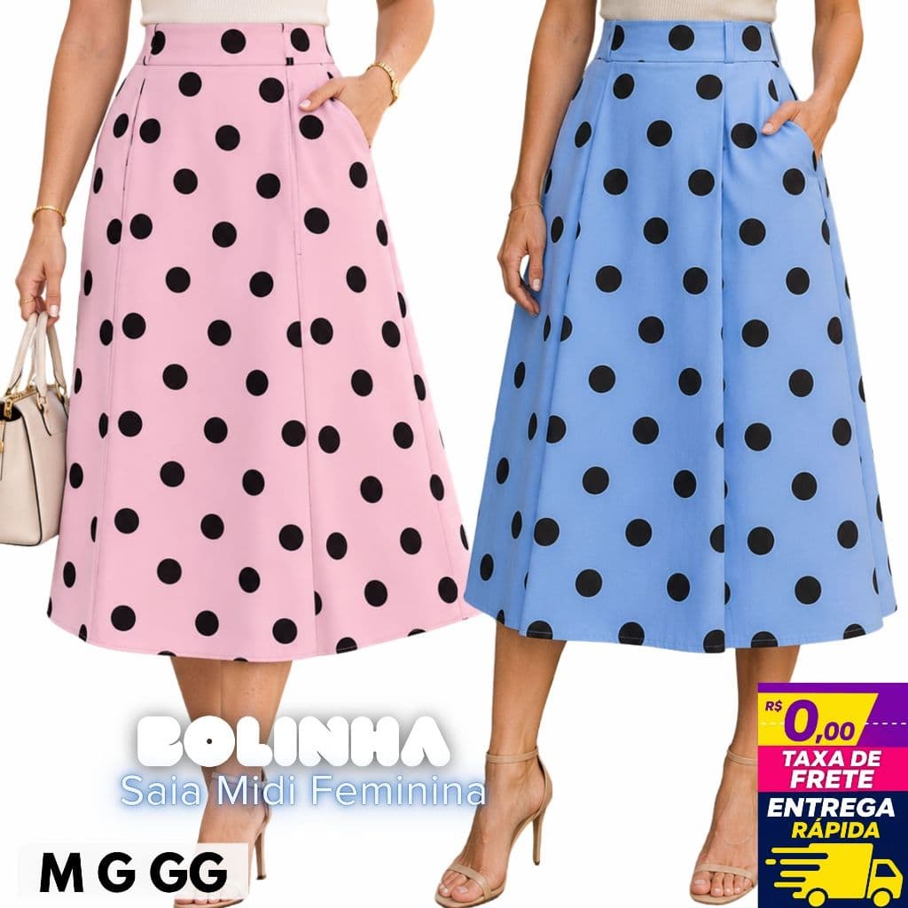 Saia Midi Feminina Bolinha Poá Elegante Cintura Alta Alfaiataria Tecido Marant Sensoriale