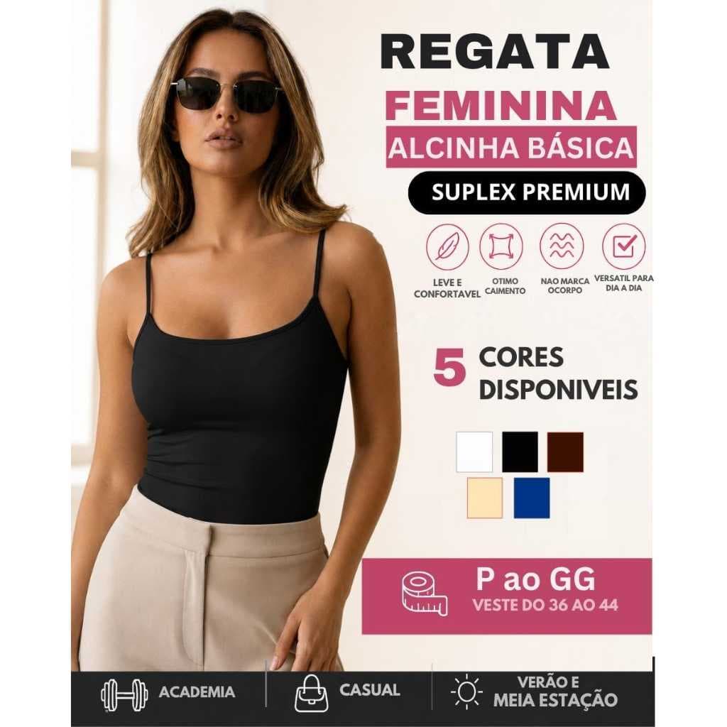 Regata Alça Feminina Alcinha Básica Suplex Lisa Blusinha Academia Casual Estilosa Sem Forro P ao GG 5 Cores