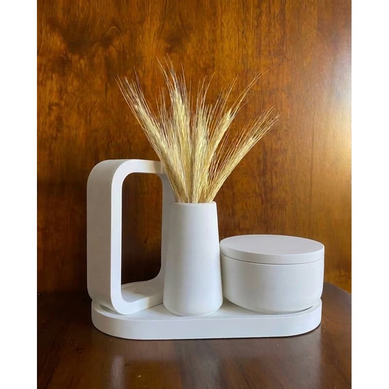 Kit Vaso Decorativo chapisco Gesso 5 itens Com Bandeja e Pote + Vaso Arranjo + Trigo Seco + Vaso Decoração Minimalista