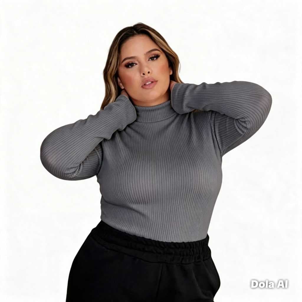 Blusa Feminina Cacharrel Gola Alta Manga Longa Canelada Plus Size Tamanho G1,G2,G3