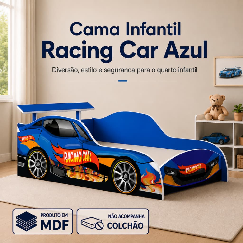 Cama Infantil Racing Car Azul em MDF com Grade Lateral