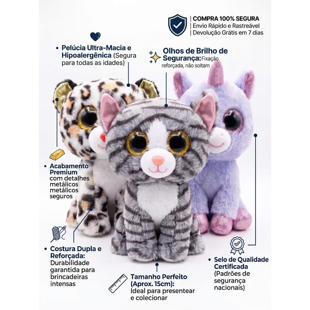 Kit 3 Bichinhos De Pelúcia Olhos De Glitter Fofos Sortidos