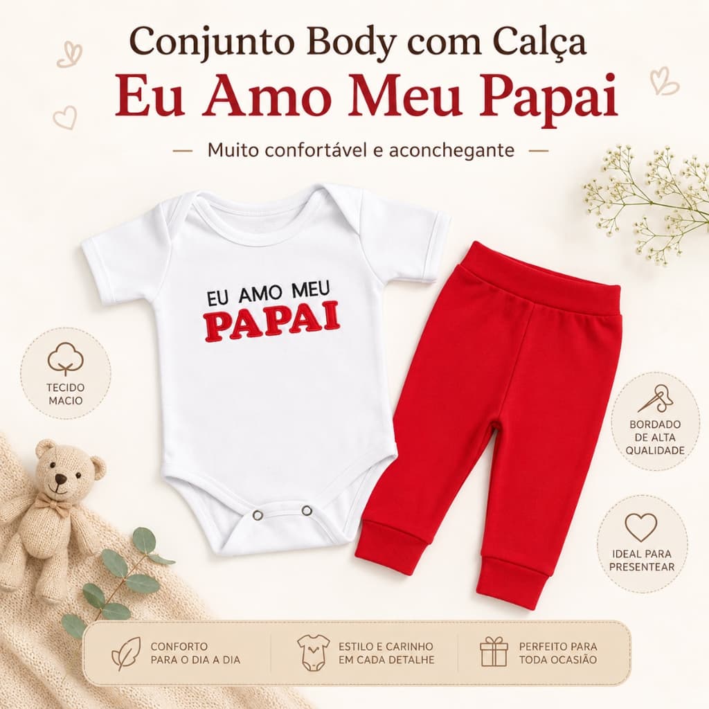 Kit Conjunto Body Manga Curto Bordado com Calça para Inverno Frio Bebê Menino Menina 02 Peças