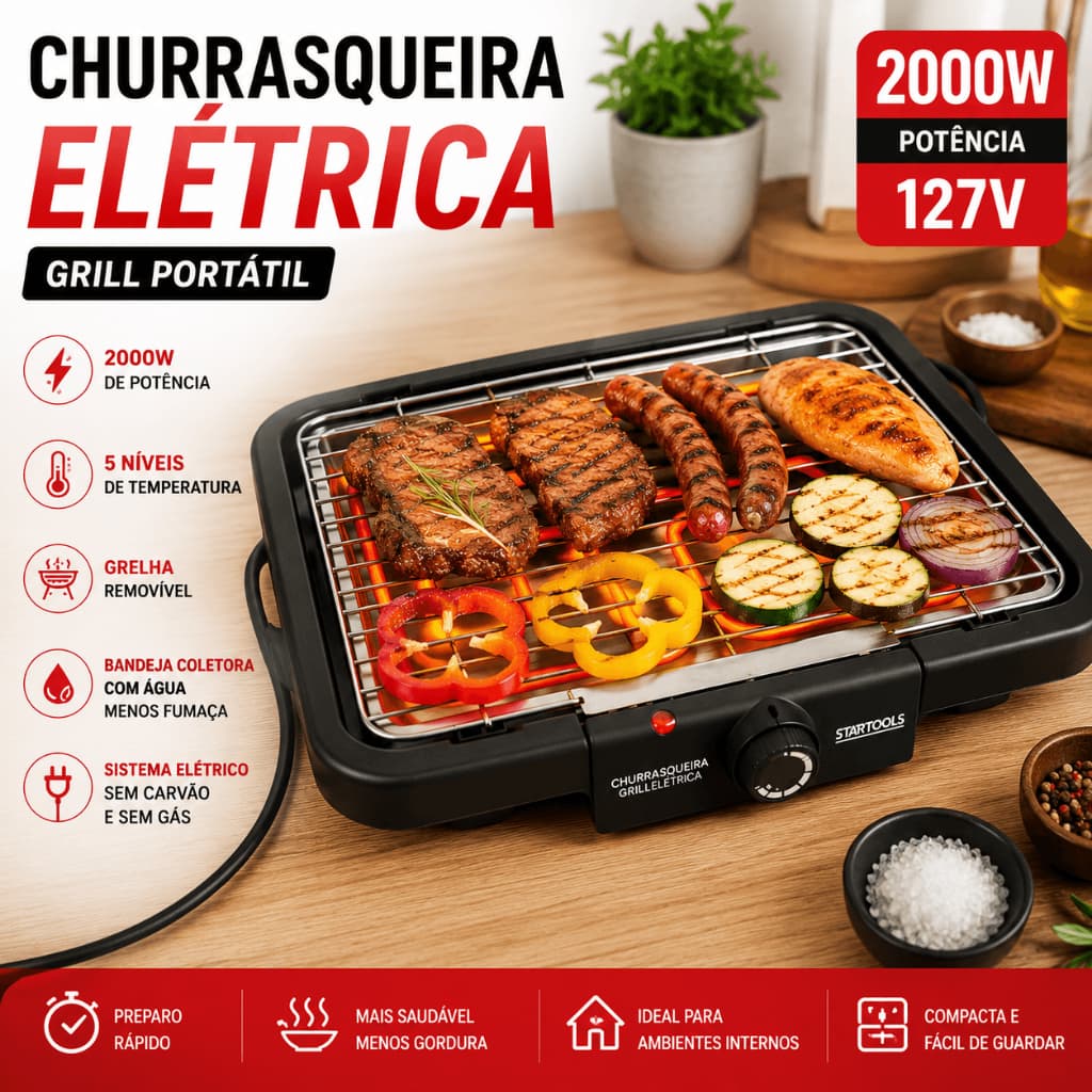 Churrasqueira Elétrica Grill 2000W 127V Portátil Grelha Removível 5 Temperaturas Preta