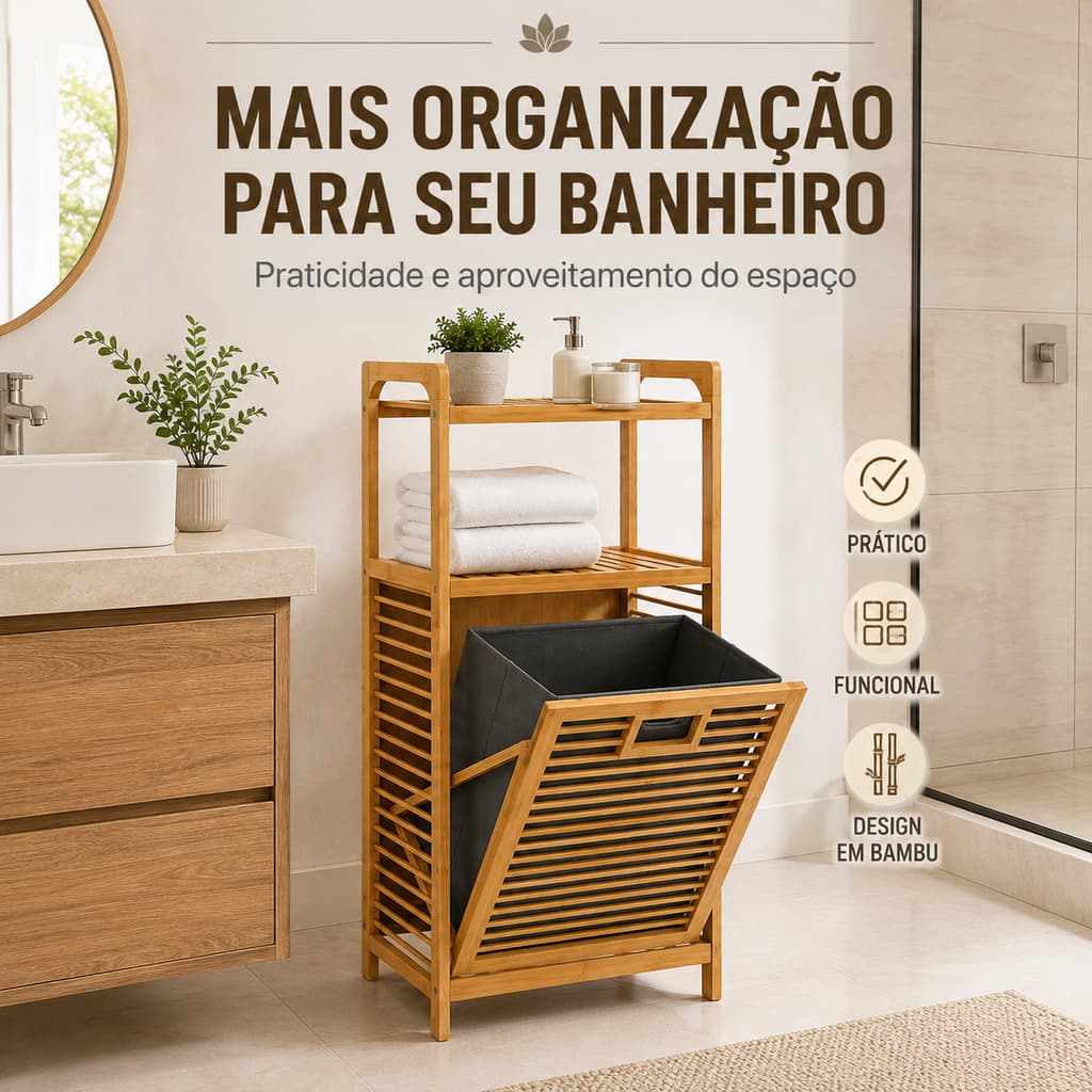 Cesto Roupa Suja Bambu 2 Prateleiras Organizador Multiuso