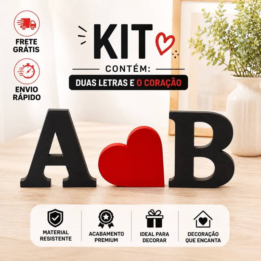 Kit Letras Personalizadas A a Z + Coração Decorativo - Presente Criativo Casal Namorados Aniversário Decoração Mesa
