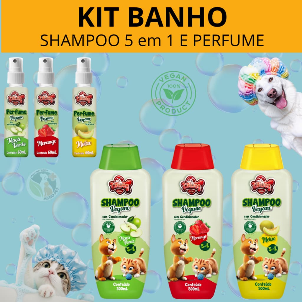 Kit Banho Cães e Gatos  Shampoo, Condicionador 5 em 1  e Perfume Vegano