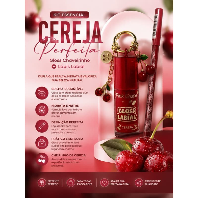 Gloss Chaveirinho Cereja + Lápis Labial | Kit Boca Maquiagem | Gloss Labial + Contorno