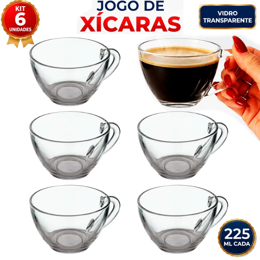 Kit Jogo de 6 Xícaras Pera Cristal Transparente xicara em Vidro 225ml Original Chá Cafe e Leite
