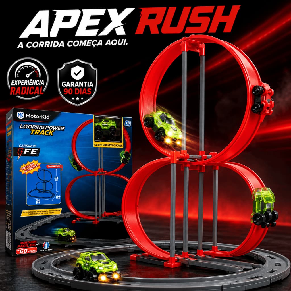 Pista de Corrida Infantil Apex Rush com Carrinho Elétrico Magnético, Looping Radical e Circuito de Velocidade