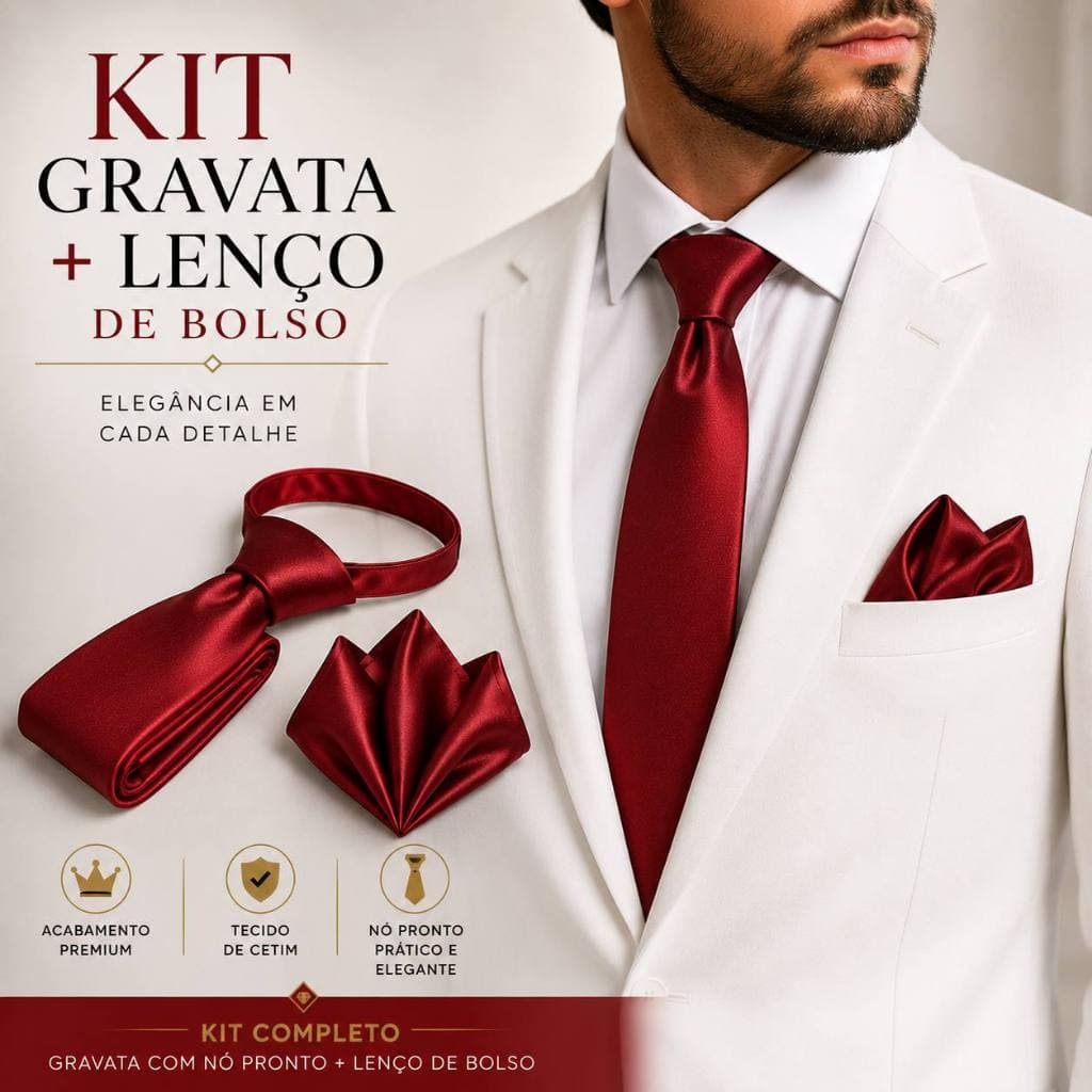 Kit Gravata Slim Adulto c/Nó Pronto Poliéster + Lenço de Bolso em Cetim| Conjunto 2 Peças|Festa/Casamento/Padrinho/Noivo