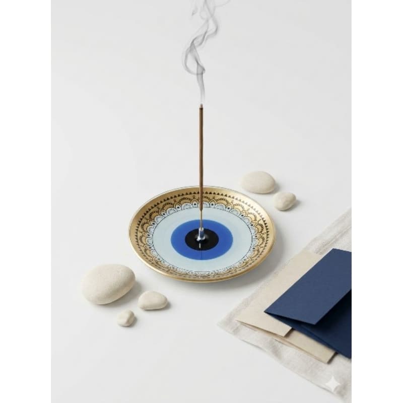Porta Incenso em Vidro 13cm de Diâmetro Estampado com Olho Grego nas Cores Branco,Preto,Azul e Dourado