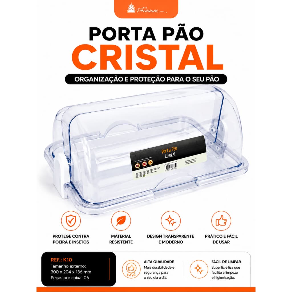 **Porta Pão Cristal Transparente Organizador de Pães e Alimentos 30x20x13cm