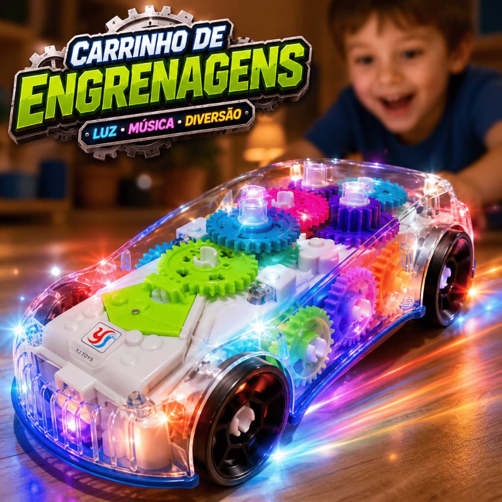 Carrinho Infantil de Engrenagens com Luz LED e Música Anda Sozinho Brinquedo Educativo