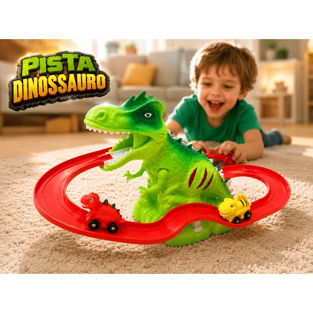 Pista de Dinossauro Infantil com Escada Automática + 2 Carrinhos Dino Brinquedo Interativo