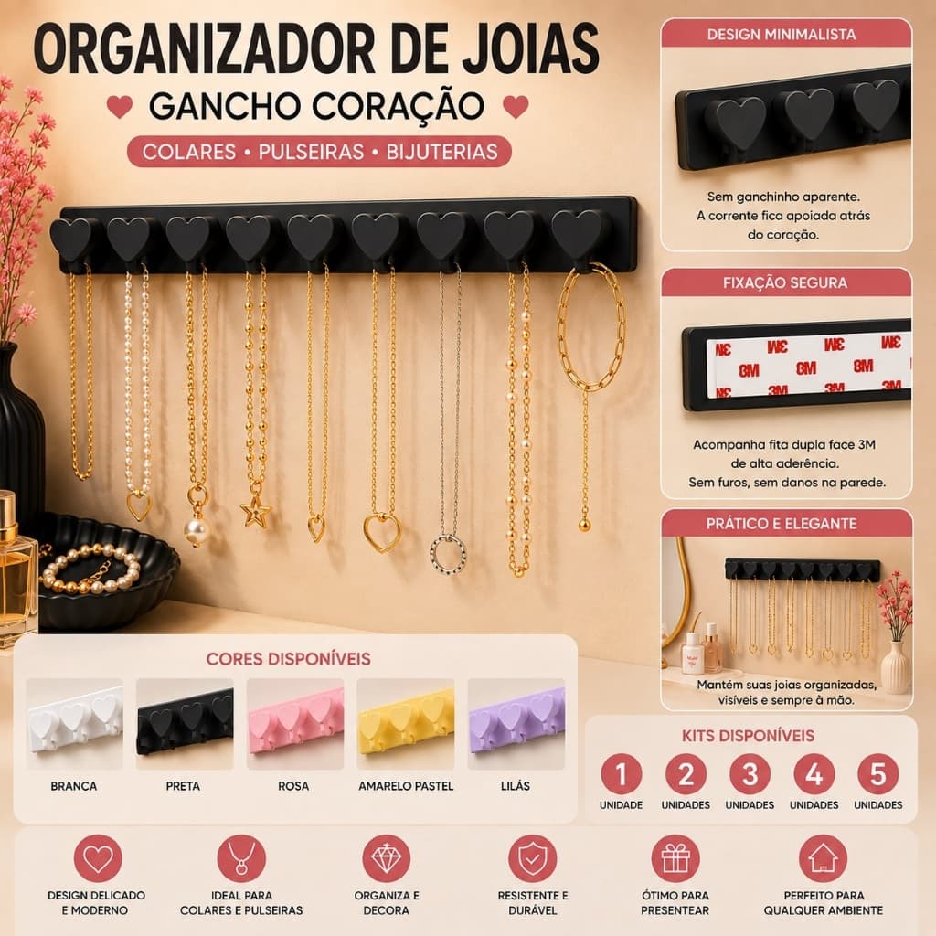 Organizador de Joias Gancho Coração Porta Bijuterias Colares e Pulseiras Aneis com Fita Dupla Face Original 3M Preto