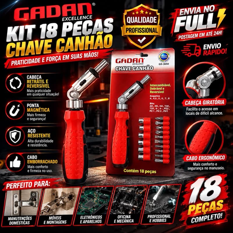 Kit Chave Canhão 18 Peças GADAN | Chave de Fenda, Bits, Soquetes, Magnética, Reversível e Giratória | Kit Ferramentas