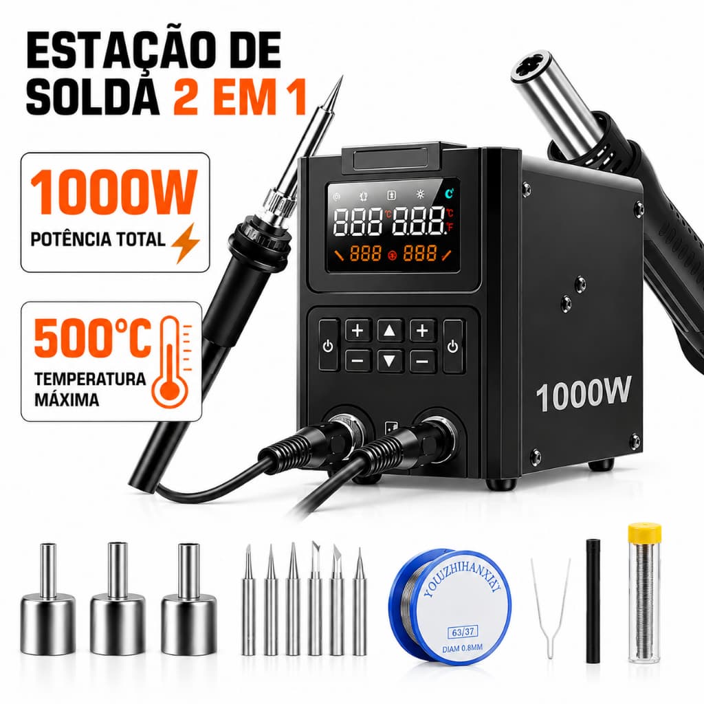 Estação de Solda e Retrabalho 2 em 1 1000W Profissional com Ar Quente, Ferro de Solda, LED Duplo e 10 Acessórios