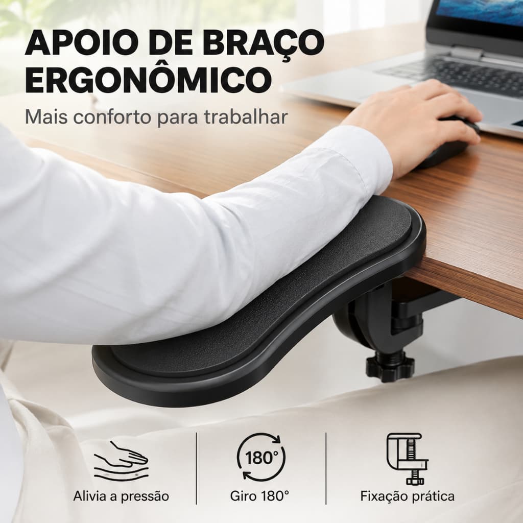 Apoio de Braço Ergonômico para Mesa Gamer e Escritório Ajustável 180° Fixação em Mesa para Computador Notebook Preto