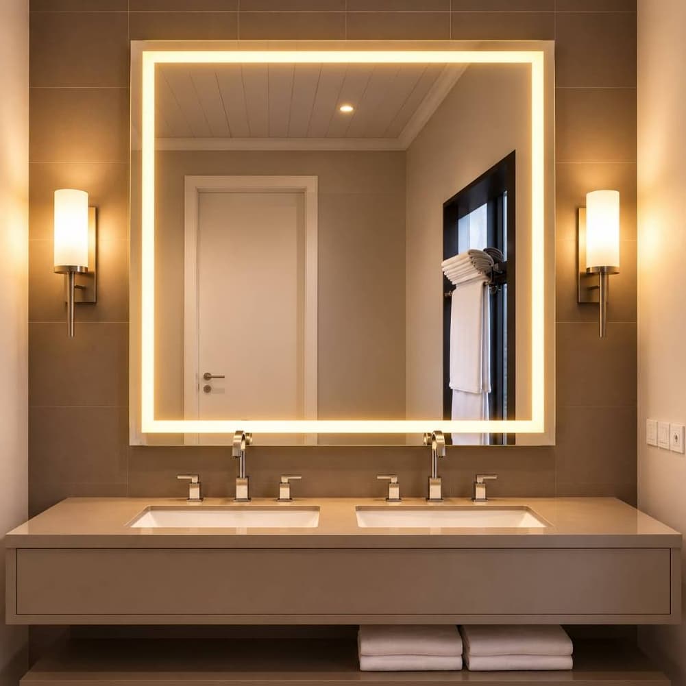 Espelho de Parede 90x90cm LED 3 Tons com Touch Quadrado Grande para Quarto Banheiro Penteadeira