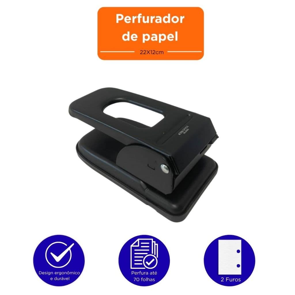 Perfurador de Papel 2 Furos 70 Folhas Preto 22X12cm