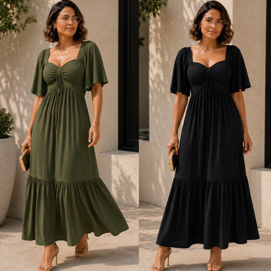 Vestido Feminino Longo Elegante Moda Evangélica Social Confortável Casual Duna Manga Soltinha Festa Culto Casamento