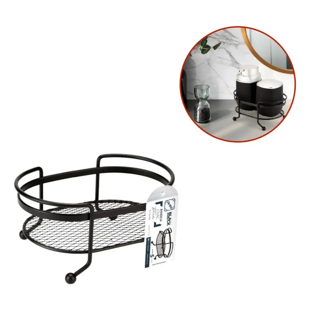 Bandeja Decorativa Multifuncional Organizador Oval Aço Luxo Preto Fosco Banheiro Ou Escritorio