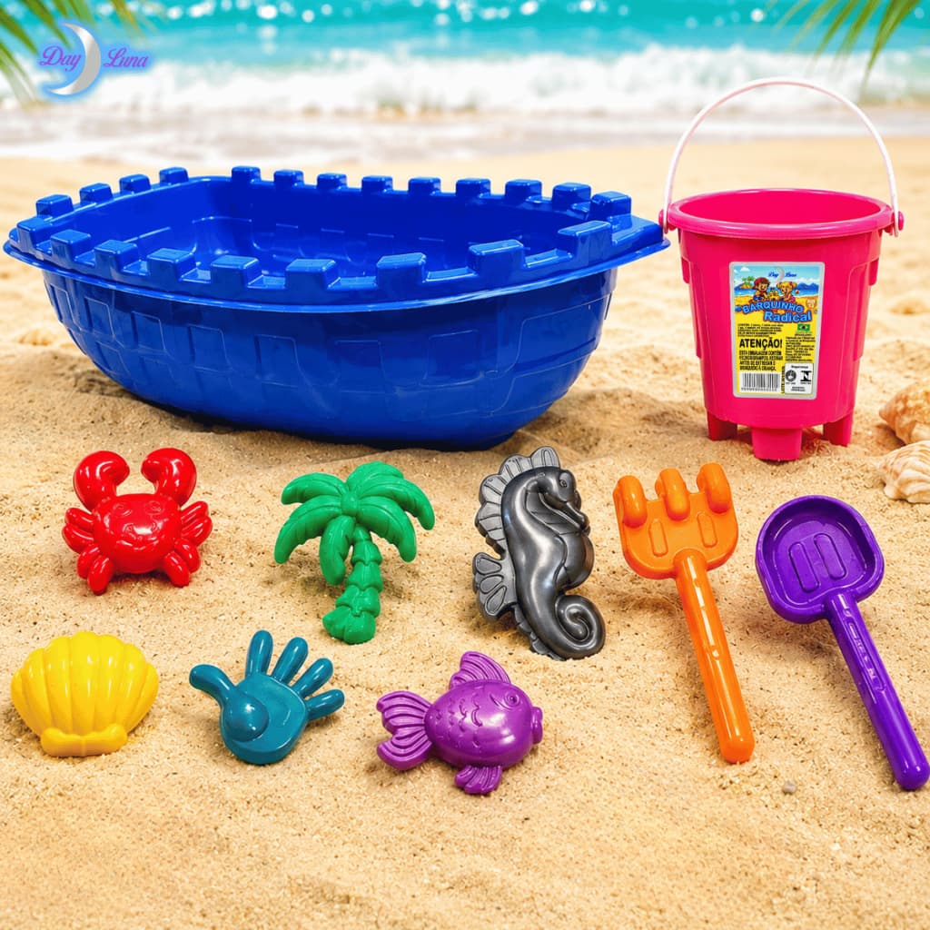 Kit Praia Barquinho de Praia  Radical Day Luna Com Acessórios Moldes Pá Rastelo Moldes 10 Peças Sortido