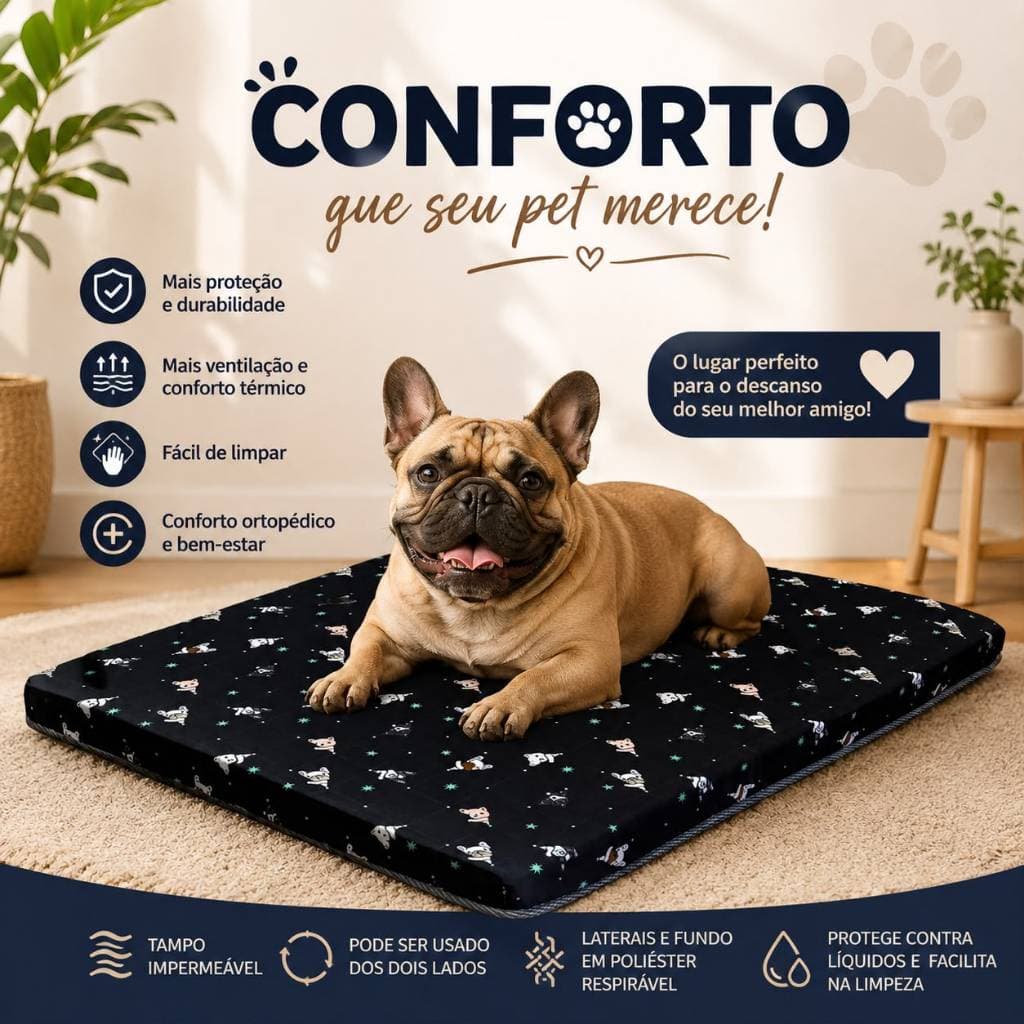 Colchão Cama Pet Ortopédico Impermeável Estampado Preto Tam. G Para Cão Gato