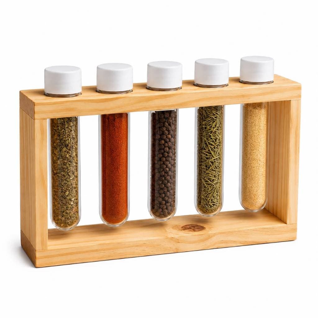 Porta Temperos e Condimentos de Madeira Pinus 24cm com 5 Potes Organizador de Temperos para Cozinha Bancada e Decoração