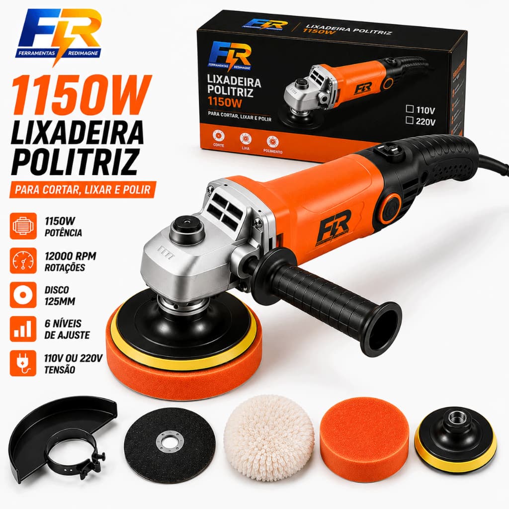 Politriz e Lixadeira Angular 1150W 125MM Profissional Automotiva Com Kit