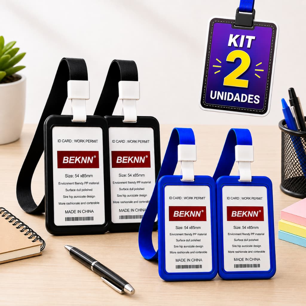 Kit 2 Porta Crachá Vertical com Cordão de Pescoço Identificação Funcionário Empresa Escritório Escola Evento Credencial